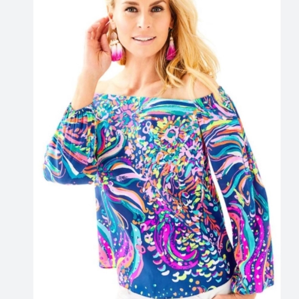 EUC: Lilly Pulitzer XS Adira SILK Off the Shoulder Top Pink Sunset Coco Breeze🤩